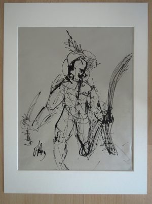 Unbekannt, Männliche Figur mit Säbel – Mischtechnik auf Papier, signiert, Passepartout