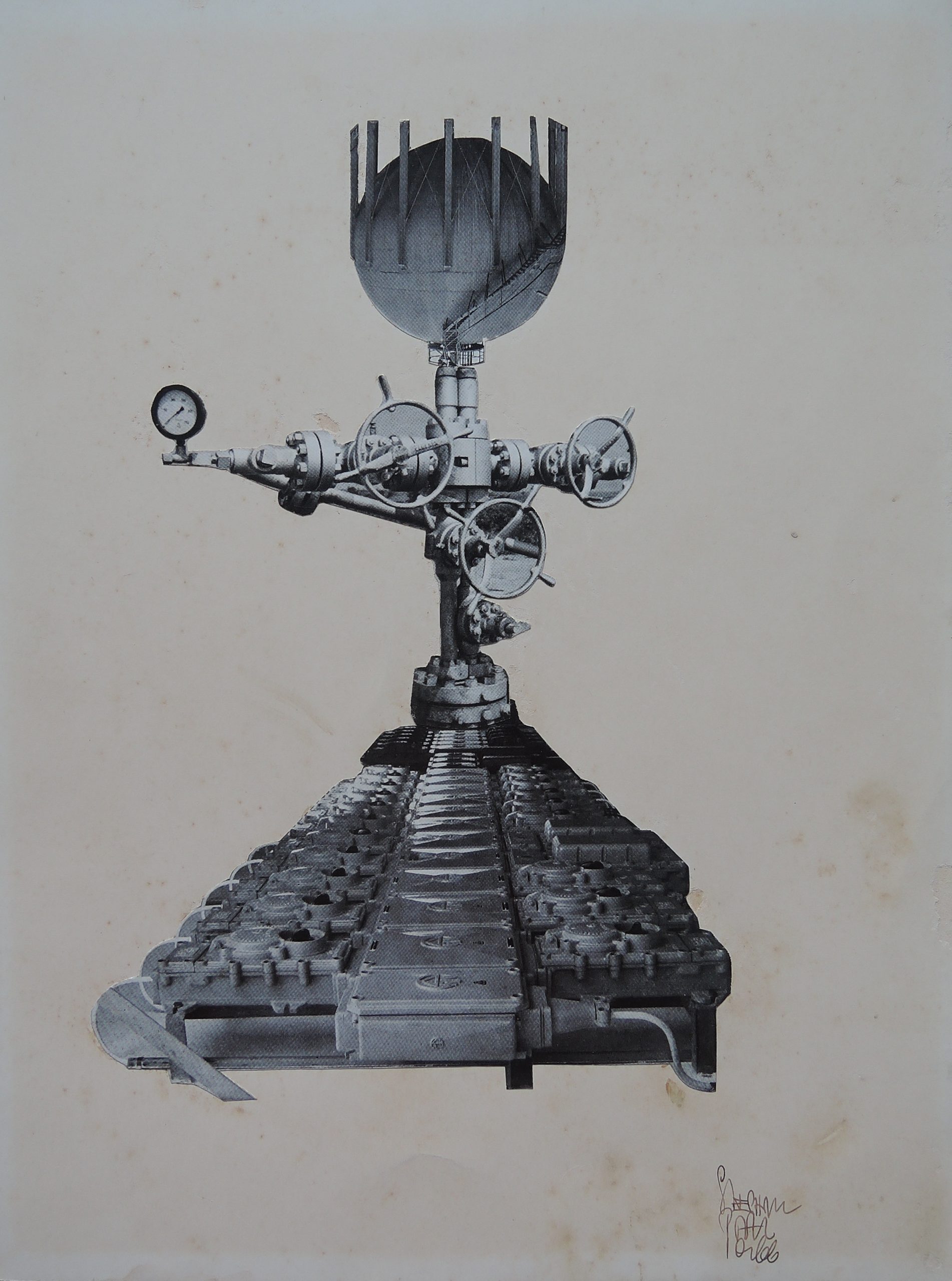 Stephan Pral, Maschine mit Ballon – Collage signiert datiert