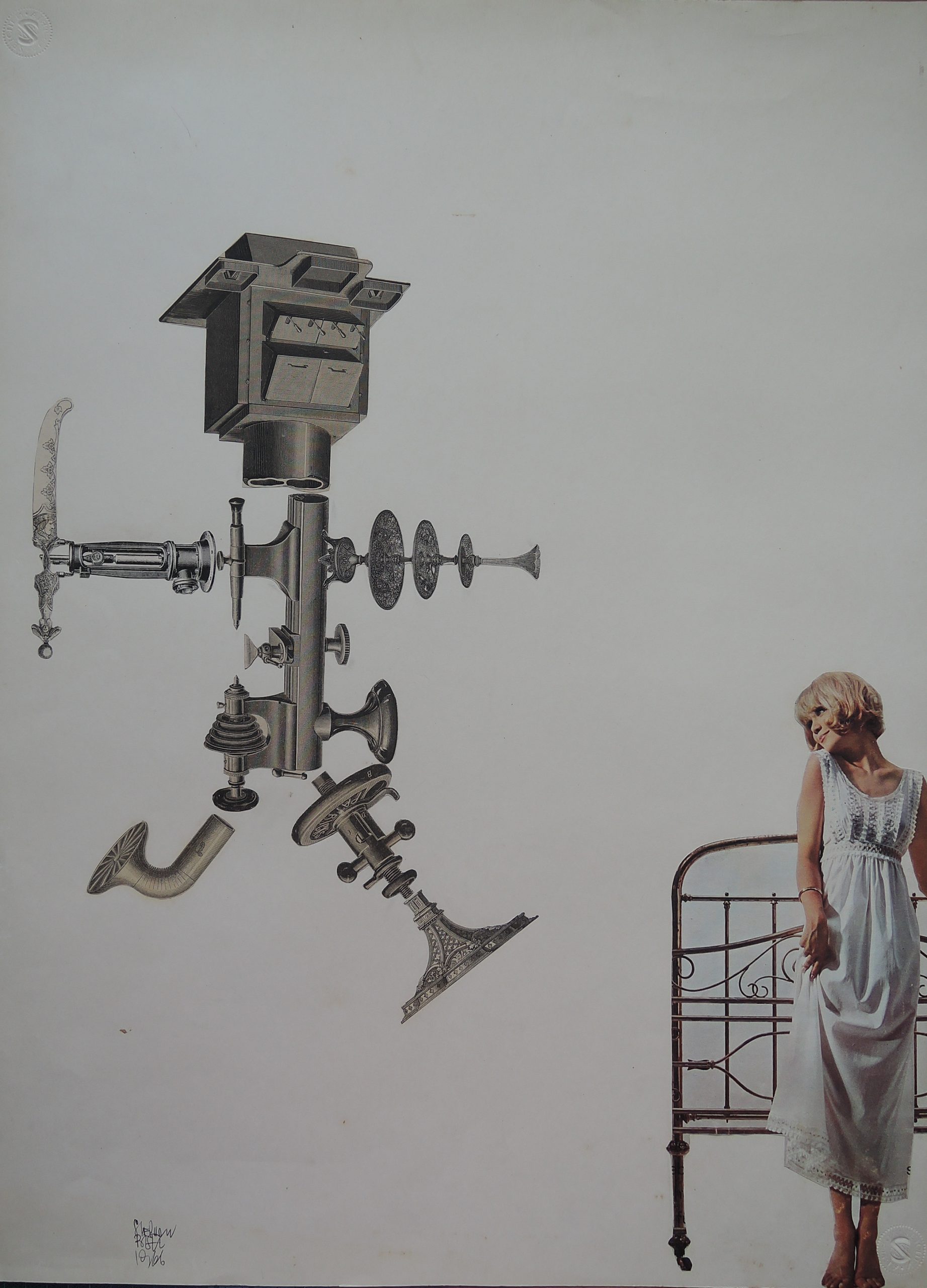Stephan Pral, Maschine mit Dame vor Bettgestell rechts – Collage