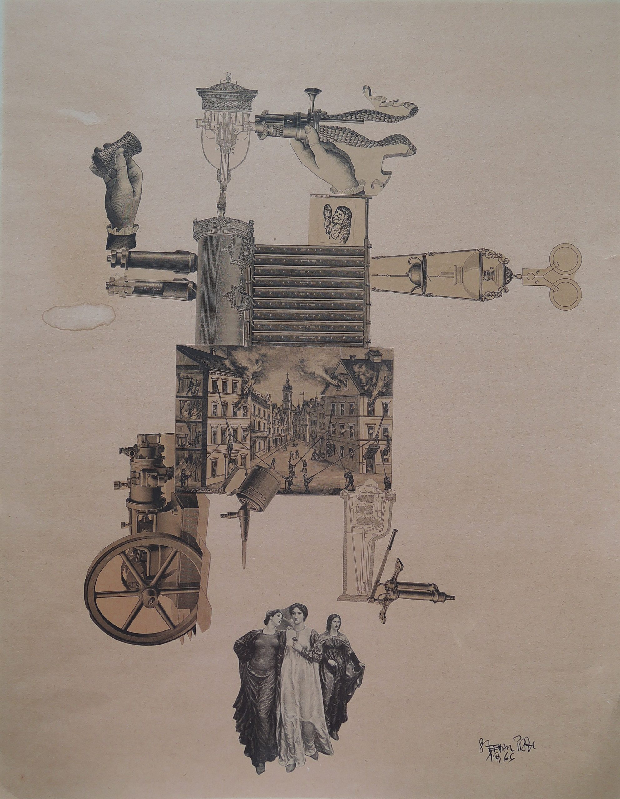 Stephan Pral, Maschine mit drei Mädchen – Collage signiert datiert