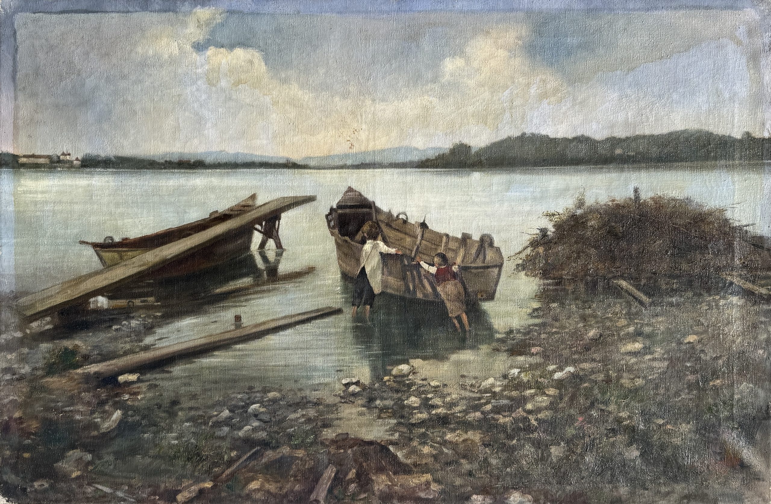 Josef Kafka – Flusslandschaft mit Kindern und Booten